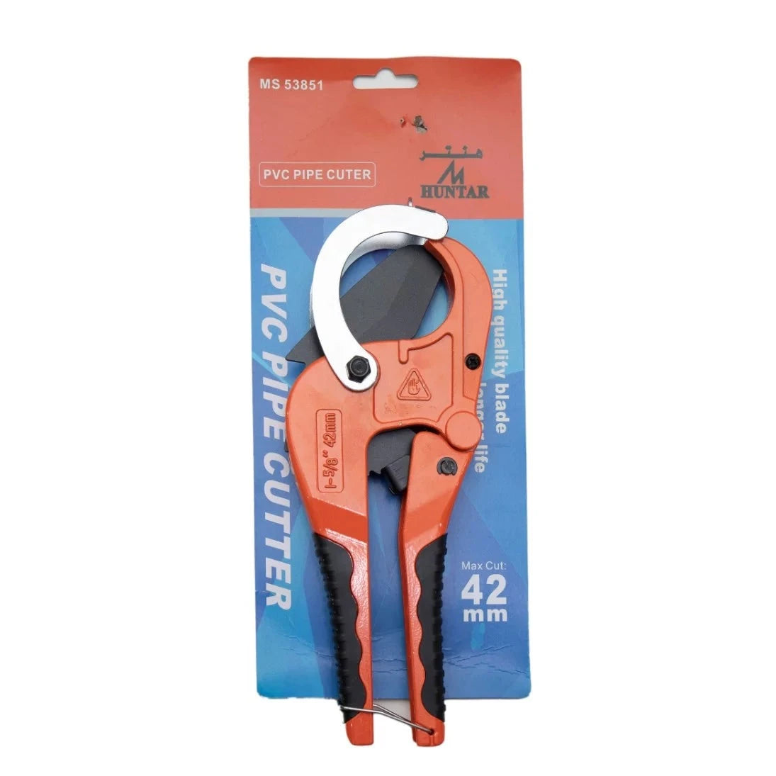 Pipe Cutter Pvc 42mm Ms53851 Huntar displayed on its packaging, featuring a durable design suitable for precision cutting of PVC pipes.
