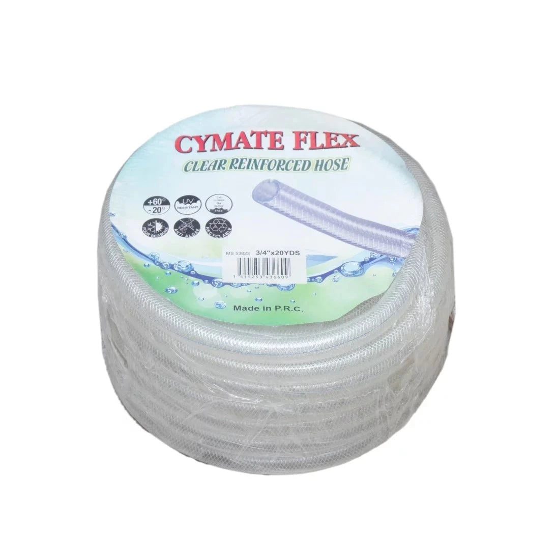 HOSE REINFORCE CLEAR CYMATFLEX 3/4 inch x 20 yard roll showcasing its clear reinforced construction for durability and flexibility, ideal for heavy-duty tasks.