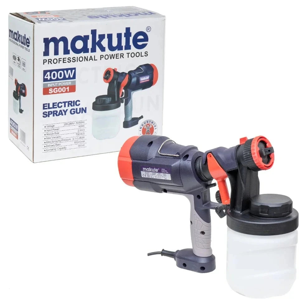 Electric Spray Gun SG001 by Makute, featuring a 400W motor and a 2.5mm nozzle, ideal for achieving a professional finish in painting projects.