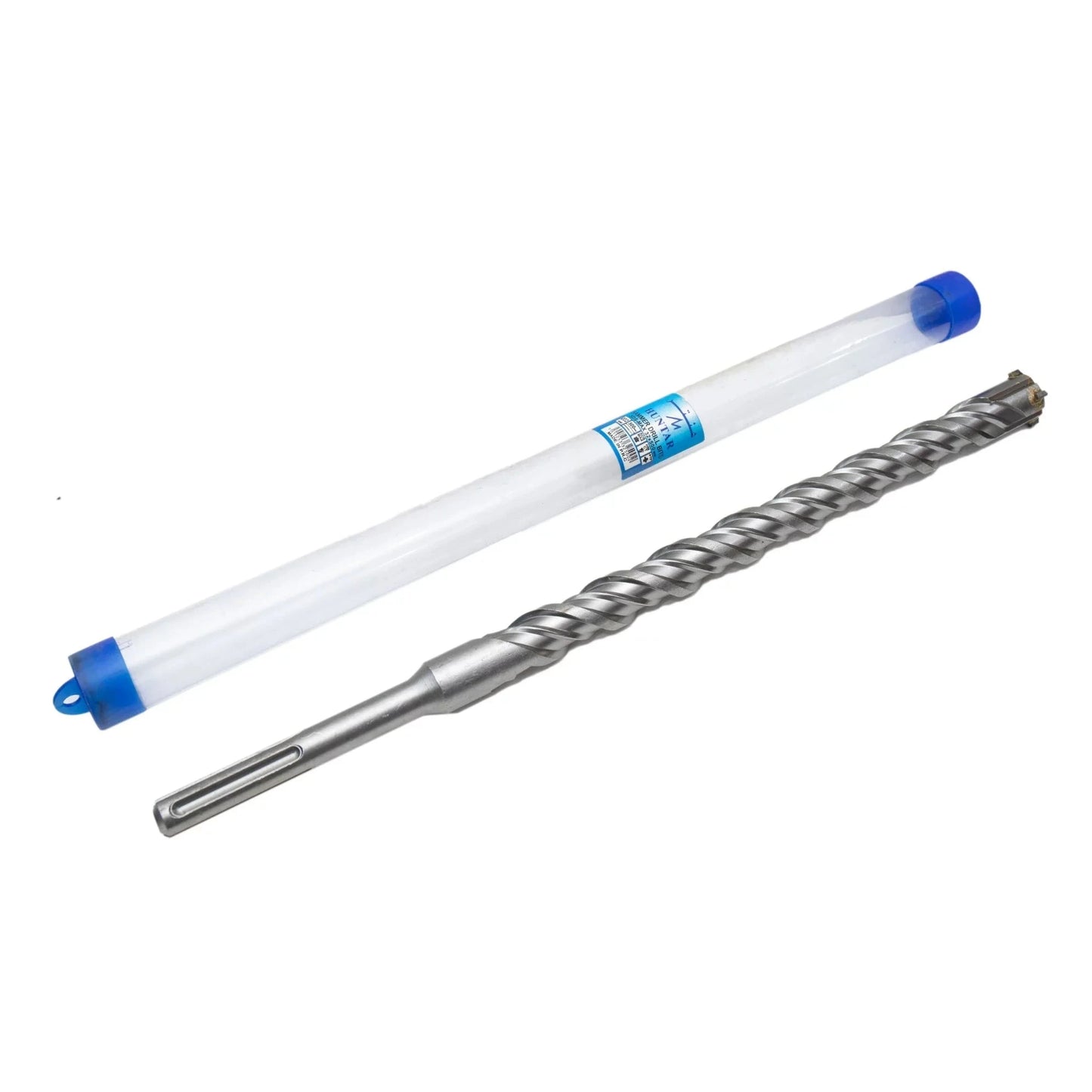 SDS Max Drill Bit Huntar displayed alongside its protective packaging. This durable drill bit is designed for heavy-duty drilling in materials like concrete and masonry, highlighting its precision engineering and compatibility with professional-grade rotary hammers.
