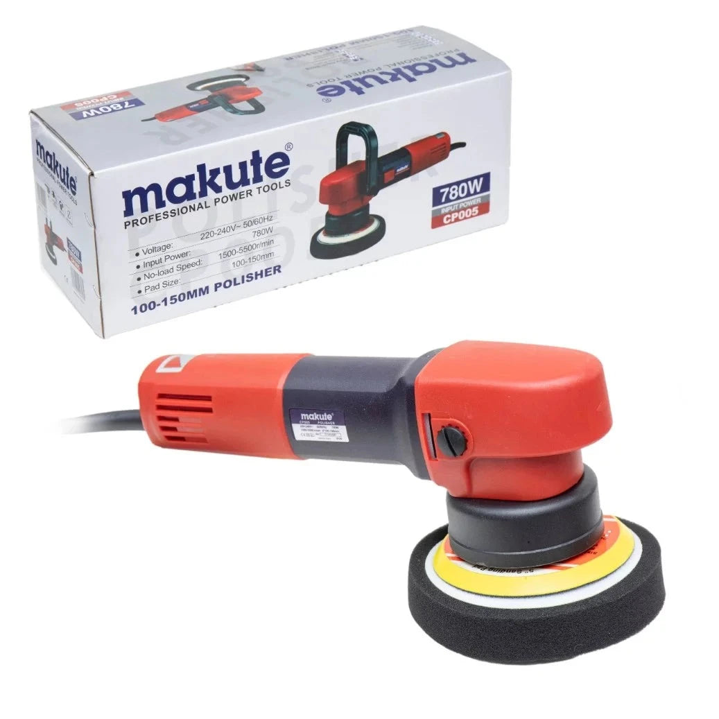 Car Polisher 4-6" M14 CP005 Makute showcased with box, featuring a 780W motor and designed for polishing surfaces, ideal for users seeking efficient car detailing tools.