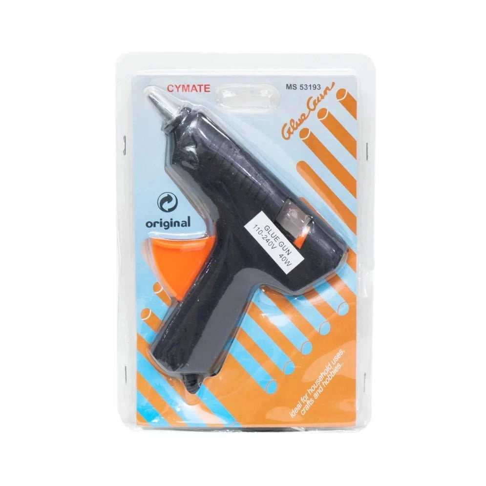 Cymate Glue Gun 40 W packaging featuring a high-performance glue gun designed for crafting and DIY projects, showcasing its ergonomic design and user-friendly features.
