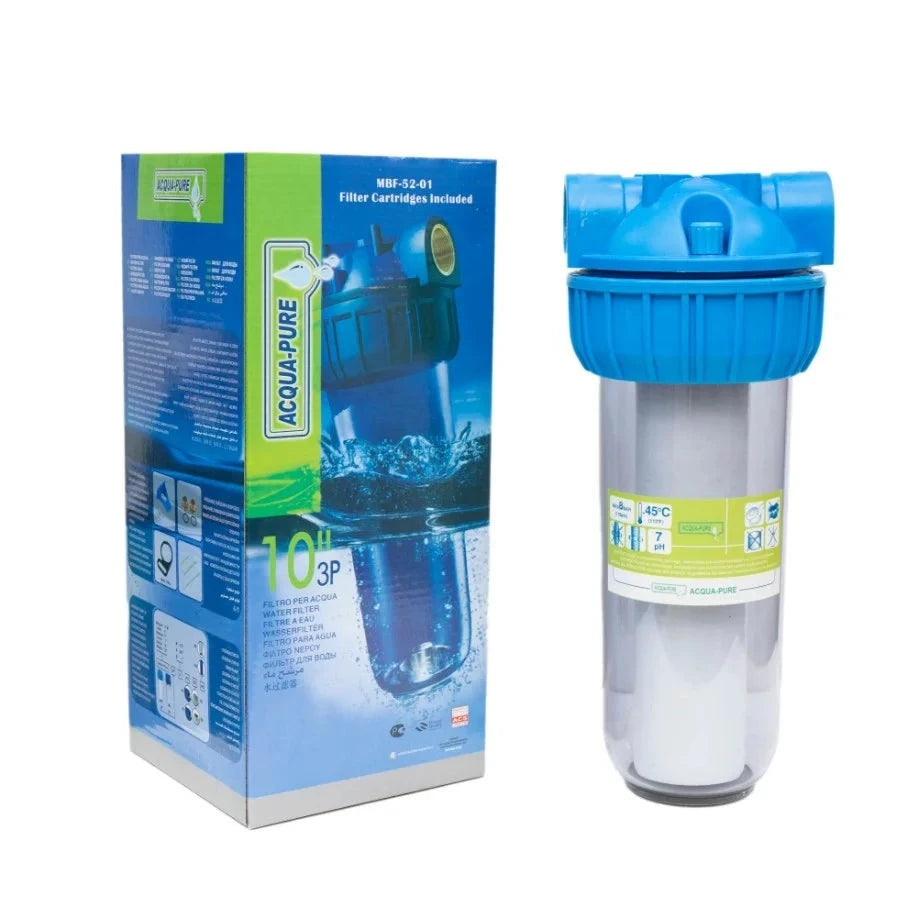 Filter Set Clear Single 1/2" MBF-53-01 Acqua-Pure displayed with packaging, illustrating its advanced design and components for effective water filtration.