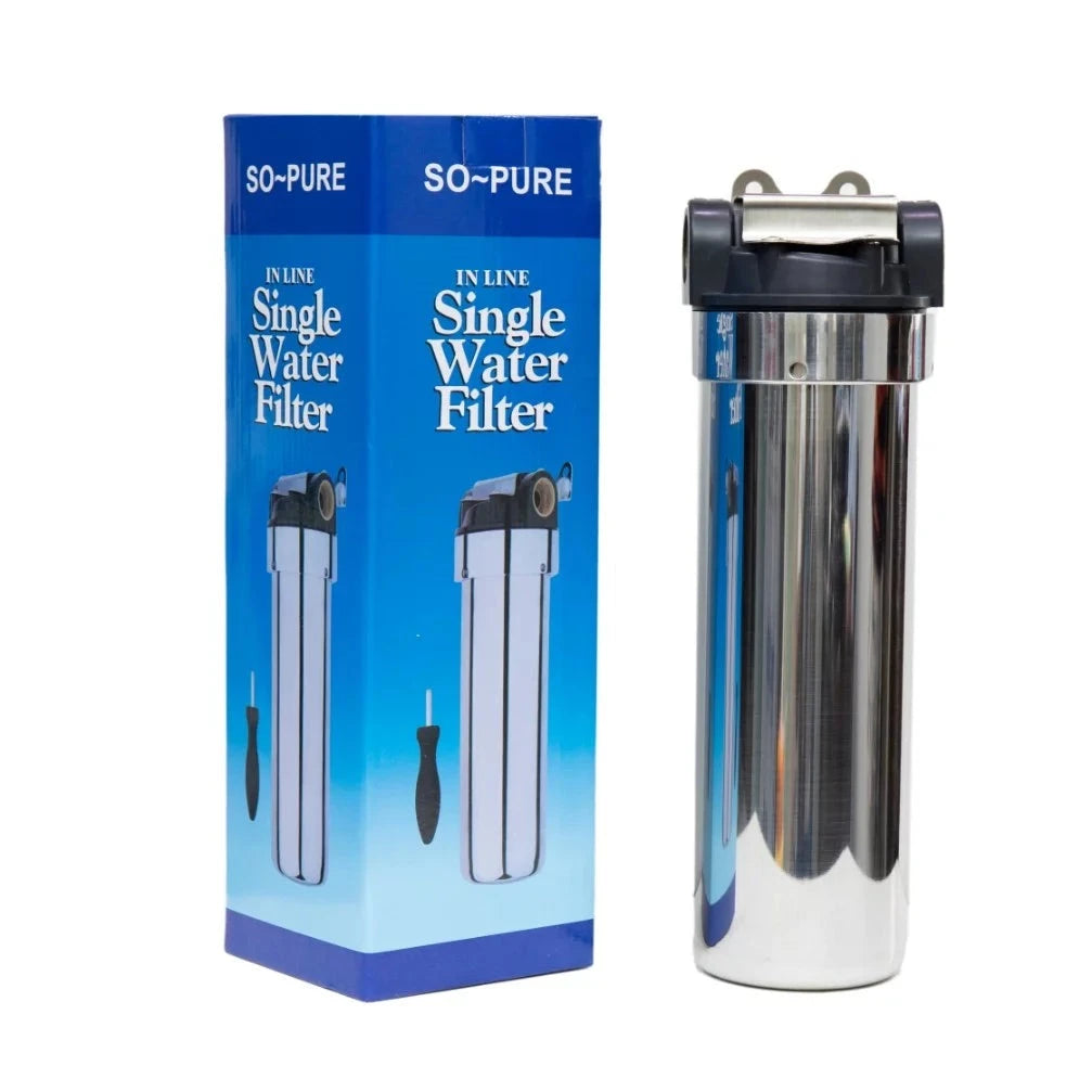 Filter Set 10" Stainless Steel MS53252 displayed alongside its packaging, showcasing a durable and reliable inline water filter, perfect for efficient water filtration needs.