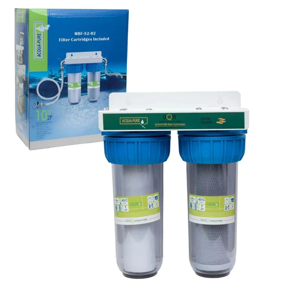 Filter Set Clear Double Blue New Acqua-Pure including filter cartridges, showcasing advanced filtration technology for clean water at home or office.