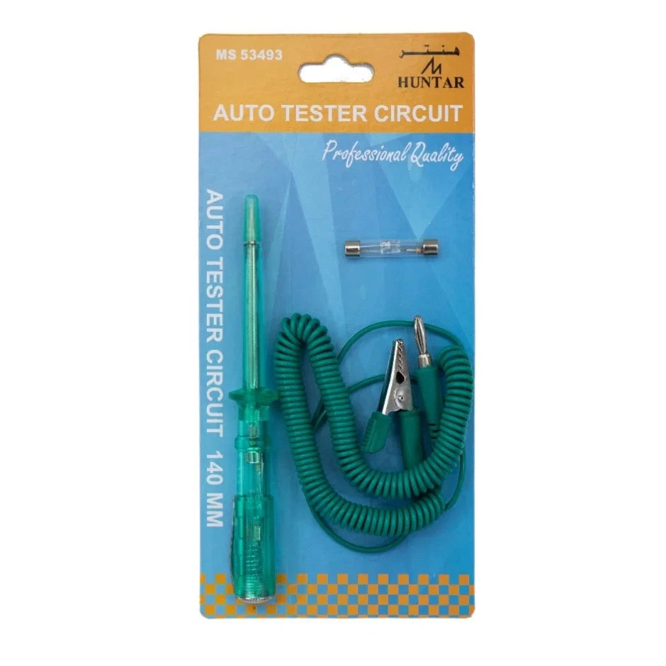 Tester Circuit Automotive 140mm MS53493 from Huntar, featuring an auto tester circuit with green probe, alligator clip, and packaging designed for professional quality.