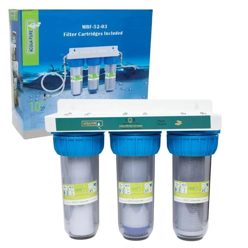 Filter Set Clear Triple Blue New Acqua-Pure displayed with included filter cartridges and water quality indicator, showcasing advanced triple filtration technology for purifying drinking water.