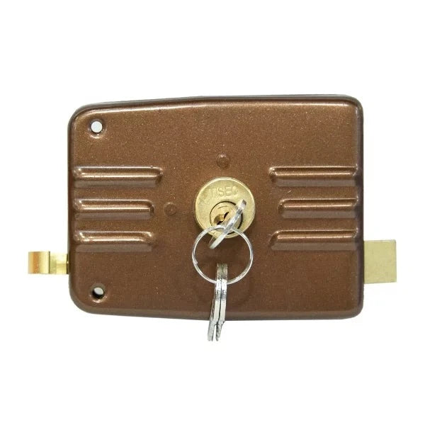 Rim Lock Tiseo 60mm featuring a robust design with a key in front, ideal for enhancing door security in residential and commercial settings.