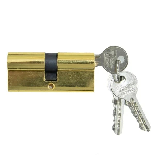 Cylinder Tiseo Gold key lock with two keys, showcasing a durable and stylish design for security and practicality.