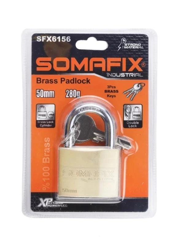 Somafix Heavy-Duty Brass Pad Lock 50mm with packaging, featuring a durable brass design and three brass keys for enhanced security. Ideal for indoor and outdoor use.