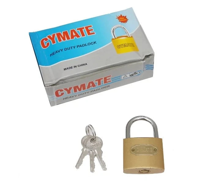 Pad Lock Yellow Cymate displayed next to its packaging showing a heavy duty design with keys, ideal for securing valuables and providing high visibility.