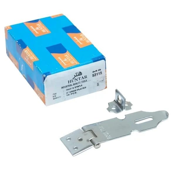 HASP & STAPLE STEEL HUNTAR IND product image featuring the industrial quality lock with packaging, ideal for enhancing security of doors, gates, and cabinets.