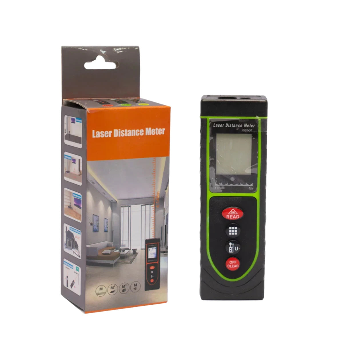Laser Distance Meter displayed with its packaging, highlighting its compact design and digital display, suitable for accurate measurements up to 164 feet for professionals and DIY projects.