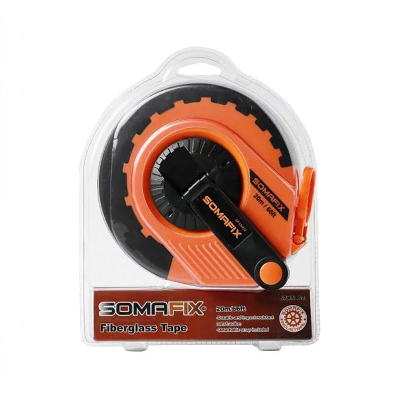 20 Mtr Round Meter Fiber Glass SFX5452 Somafix measuring tape displayed in packaging, highlighting its durable design and easy maneuverability for precise measurements.