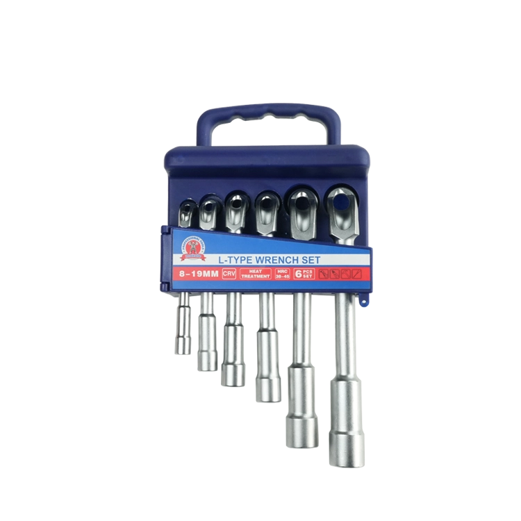 Makute MK10191806 Spanner L Type 6 Pcs Set displayed in a blue holder, featuring six durable steel spanners ranging from 8 to 19mm, ideal for precise tightening and loosening of nuts and bolts.
