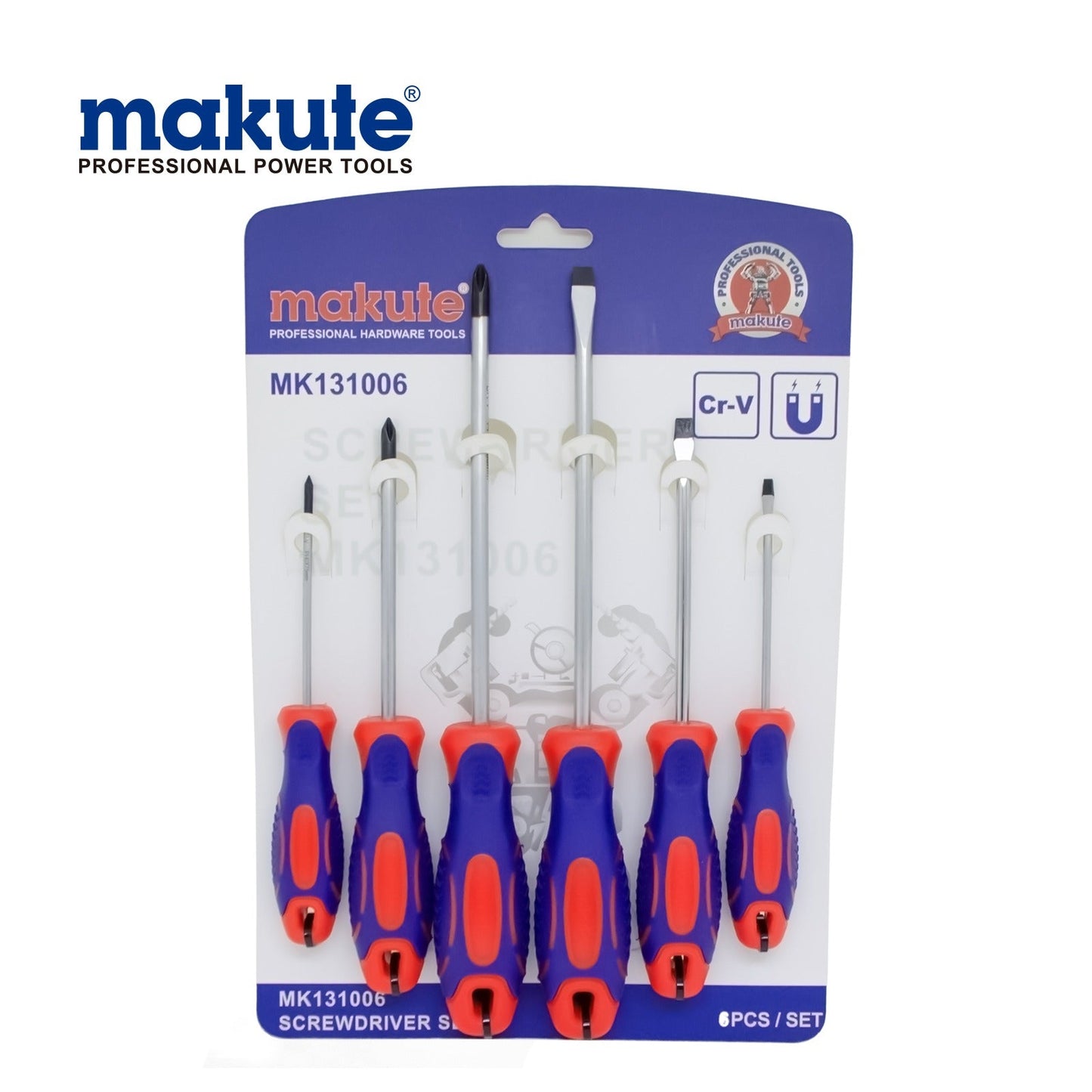 Screw Driver Makute 6 Pcs Set MK131006 displayed prominently with ergonomic handles and varying sizes, ideal for DIY and professional use.