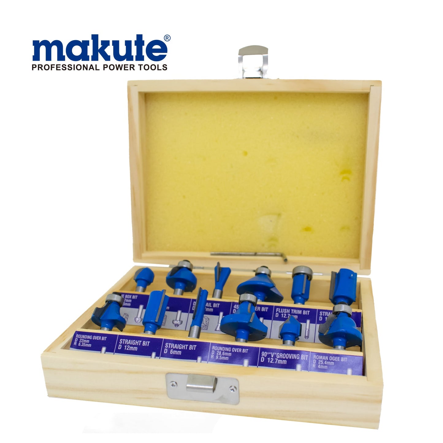 Router Bit Set (12 Pcs Set) in a wooden case, featuring high-quality bits for woodworking precision, ideal for various applications such as shaping edges and creating intricate designs.