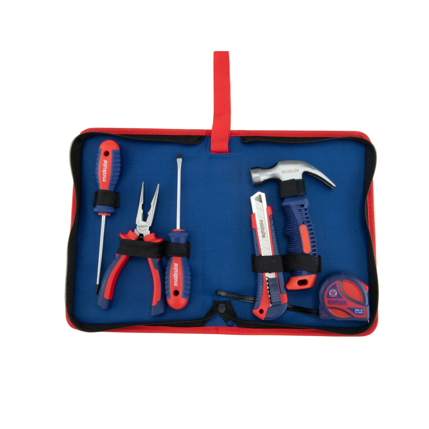 Tool Kit 6Pcs With PVC Bag MKHTS1006 Makute featuring six durable tools including pliers, screwdrivers, a hammer, and a tape measure, organized in a convenient carrying bag for household and professional use.