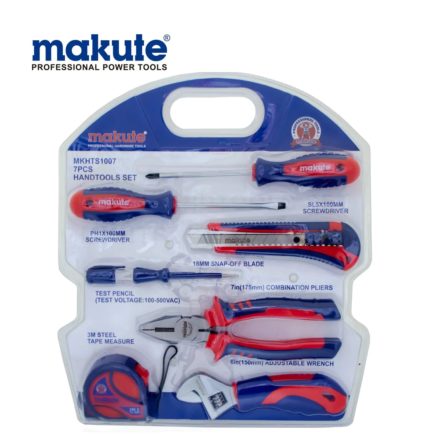 Tool 7 Pcs Set MKHTS1007 by Makute, featuring essential hand tools including screwdrivers, a combination plier, tape measure, and adjustable wrench arranged in a secure packaging. Ideal for professionals and DIY enthusiasts.
