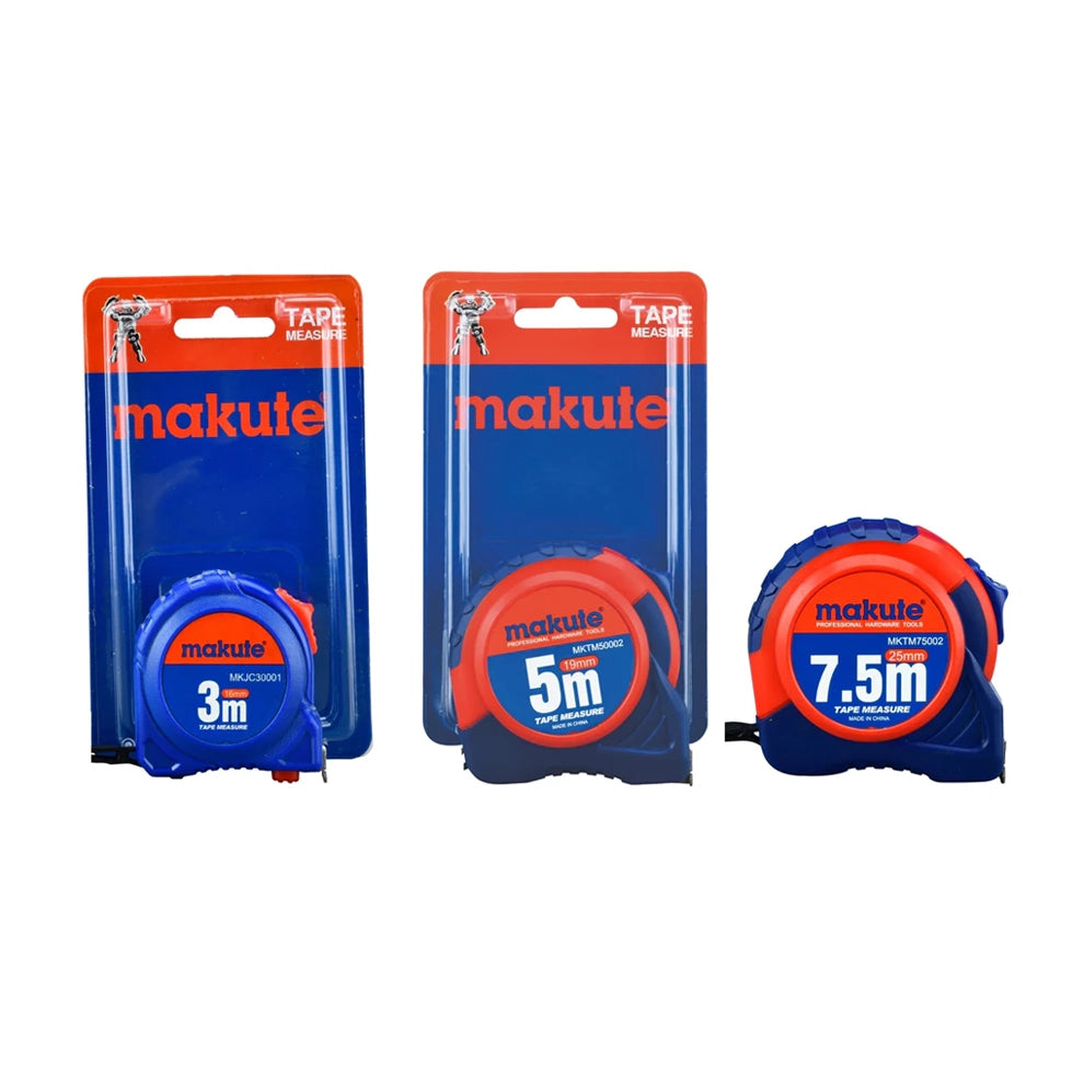 Makute Meter tape measures of 3m, 5m, and 7.5m available in packaging for industrial use, showcasing reliability and precision.