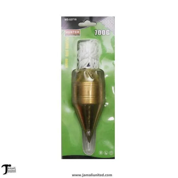 Plumb Bob Brass Hunter tool in packaging, designed for precise vertical alignment in construction and woodworking projects. High-quality brass construction ensures durability and accuracy.