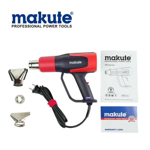 Hot Gun Makute HG121 2000W with ergonomic design, included attachments, user manual, and warranty card for versatile heating and drying applications.