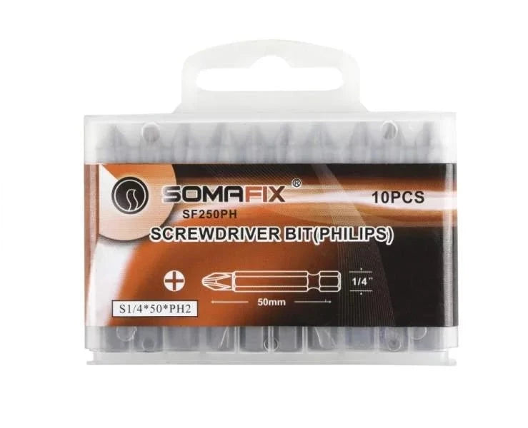 Screw Bit SL5.5 Single End Somafix, packaging showing a set of 10 screwdriver bits in a clear plastic case, designed for precision and reliability in screwing tasks.