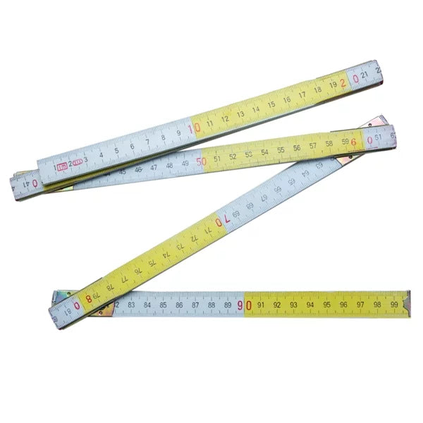 1 meter folding wood ruler with five folds, featuring clear measurement markings for precise reading, ideal for carpentry and DIY projects, showcasing its compact and portable design.