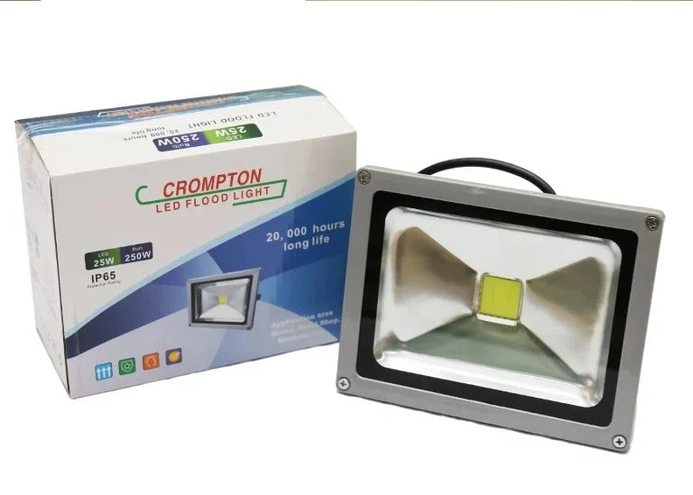 Flood Light LED 20W with packaging showcasing features such as 20,000 hours lifespan and energy efficiency, designed for outdoor illumination.