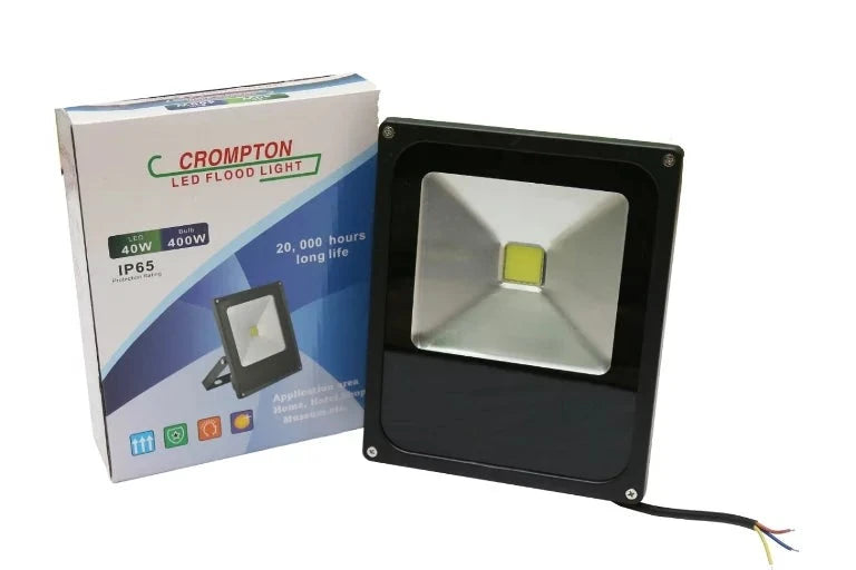 Flood Light Led Crompton with packaging, showcasing its modern design and powerful LED panel, ideal for outdoor lighting solutions.