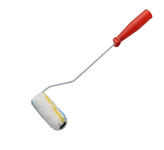 4-inch long handle paint roller with a red grip, designed for efficient painting projects, ensuring smooth application and extended reach for high walls and ceilings.