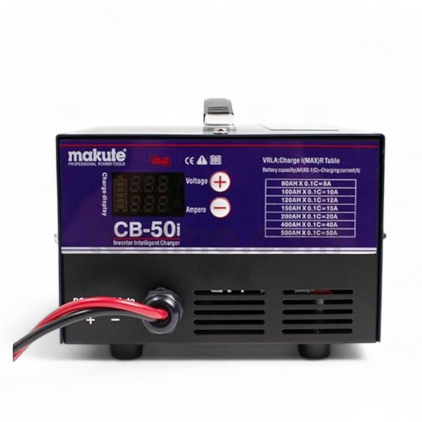 Makute CB501 50A Battery Charger displaying a control panel with voltage settings and charging capability information. Ideal for efficient battery charging for automotive and marine applications.