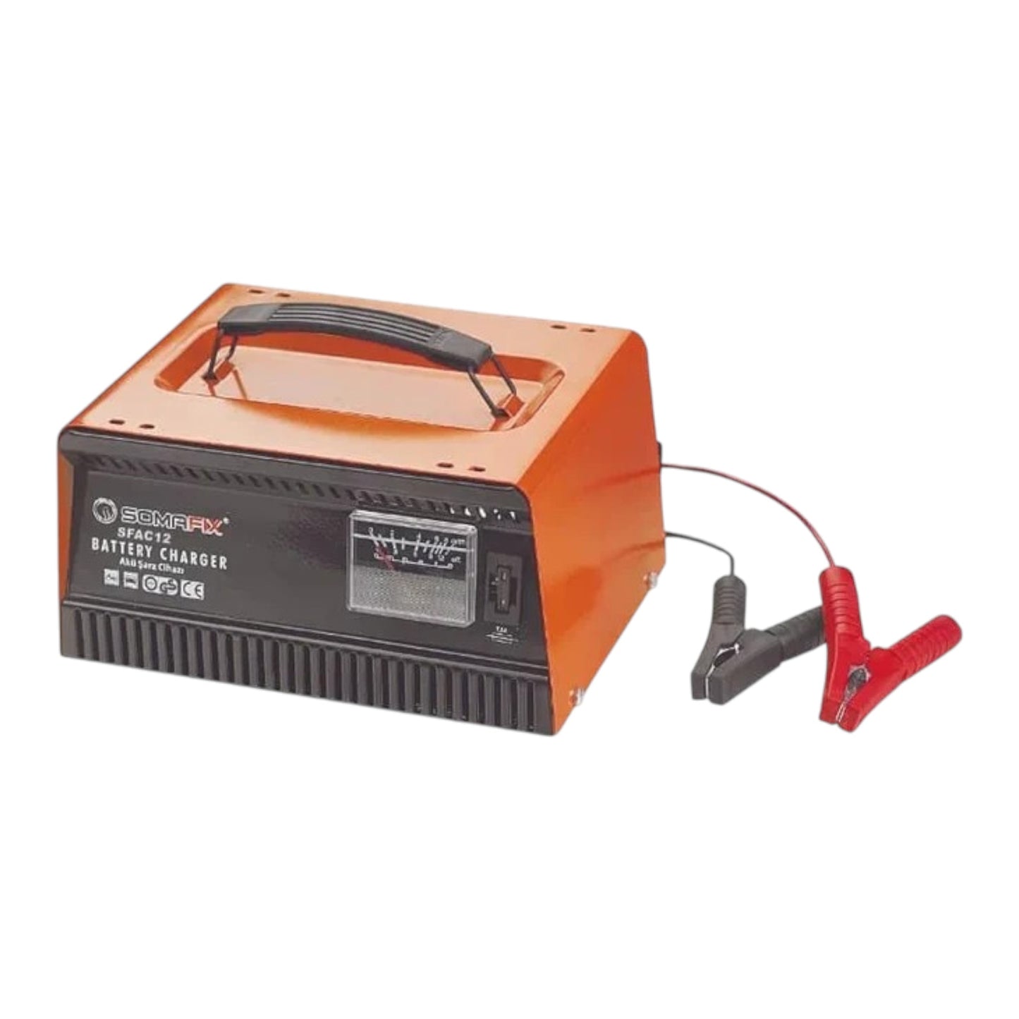 Battery Chargar 84W Somafix, a high-efficiency battery charger featuring a robust design with visible clamp connections, ideal for car and motorcycle batteries.