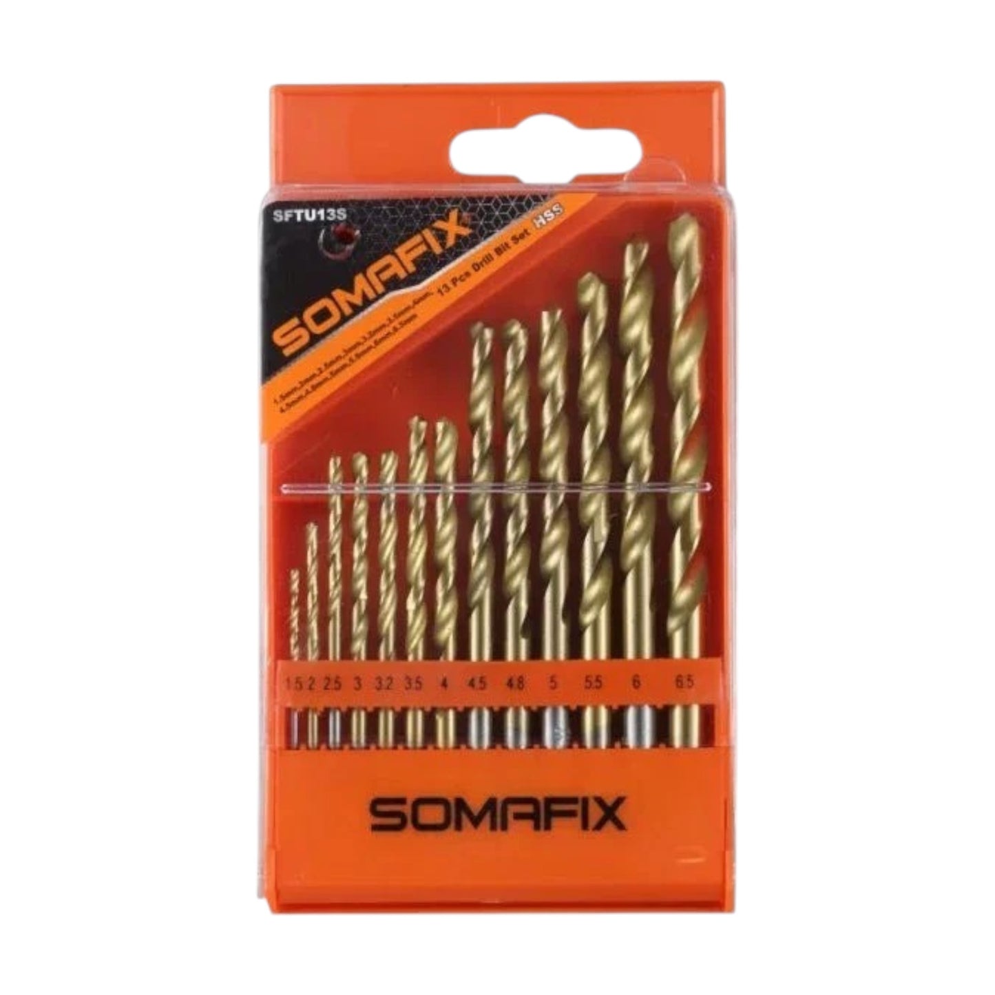 Somafix Drill Bit Set 13pcs HSS SFTU135 displayed in an orange packaging, showcasing high-speed steel drill bits suitable for various materials including wood, metal, and plastic.