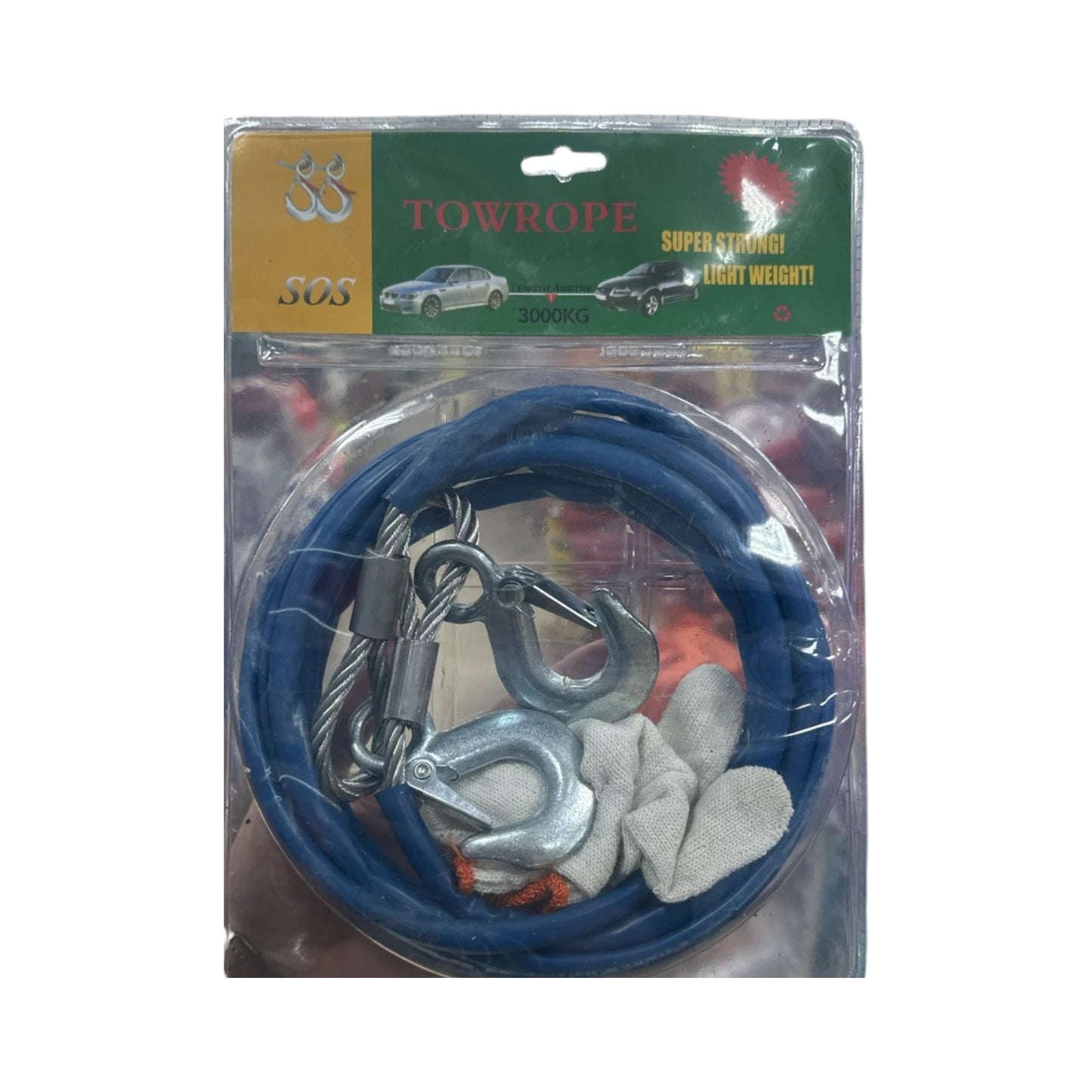 Tow Rope Steel Wire packaged for heavy-duty towing applications, featuring a strong blue wire rope and hooks, designed to tow vehicles up to 3000 kg.