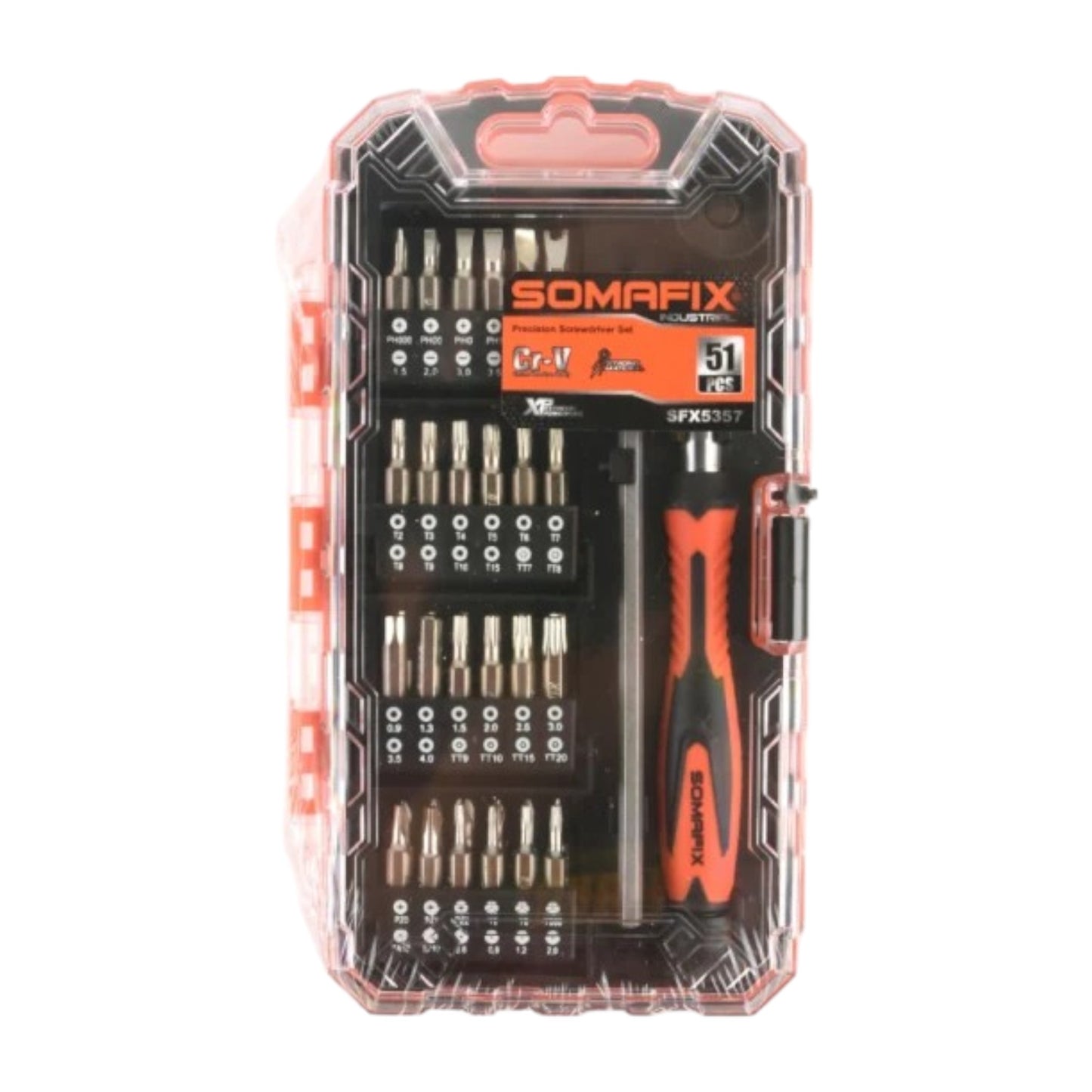 Screw Driver Somafix 51 Pcs Set SFX5357 Precision displayed in a transparent case, featuring various precision bits and ergonomic handle for detailed repairs and intricate work.