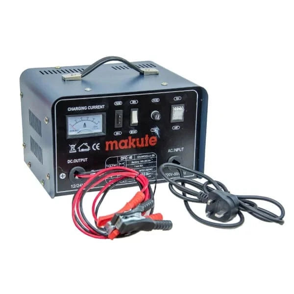 Makute Battery Charger 12-24V featuring a compact design, LED indicators, and charging cables for reliable battery charging efficiency.