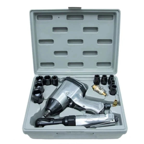 Air Wrench & Ratchet 1/2" DR tool set including a powerful air wrench and accessories in a protective case, ideal for mechanics and DIY enthusiasts.