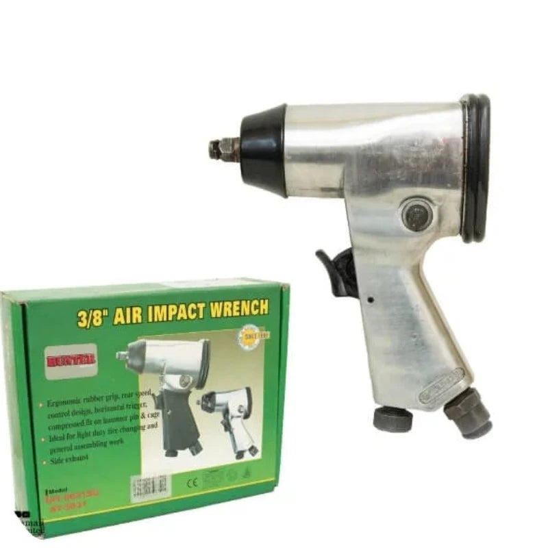 Air Impact Wrench 3/8" DR AT-5031 displayed alongside its box, showcasing a robust metal design with ergonomic grip, ideal for automotive and construction tasks.