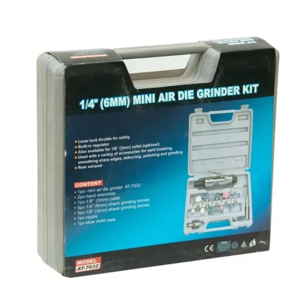 Air Die Grinder 1/4" (6mm) AT-7032K 17 Pc kit including ergonomic case with various grinding attachments, suitable for precision tasks and versatile applications.