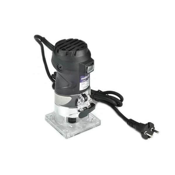 Electric Trimmer 580W TR001 Makute, a powerful woodworking tool designed for precision trimming and detail work, featuring an ergonomic design and a transparent base for enhanced visibility.
