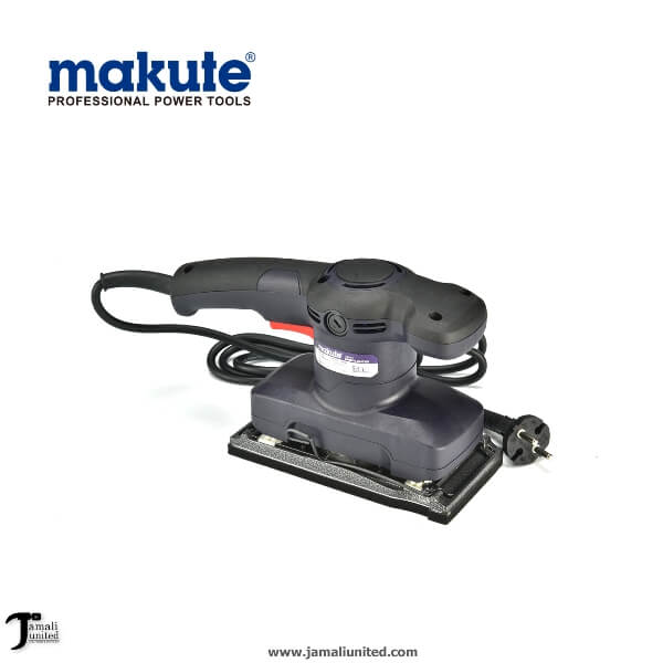 Makute OS002 480W sander machine, showcasing its ergonomic design, self-locking push system, and durable aluminum base ideal for achieving smooth finishes in various sanding projects.