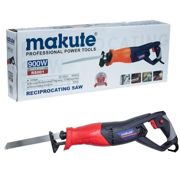 Makute RS001 Electric Reciprocating Saw displayed alongside its packaging, highlighting its 900W power and ergonomic design for efficient cutting across various materials.