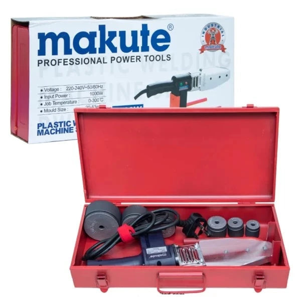 Makute Pipe Melt Machine 20-63mm 1000W PW003 in a red carrying case, showcasing essential components for efficient pipe melting and plumbing applications.