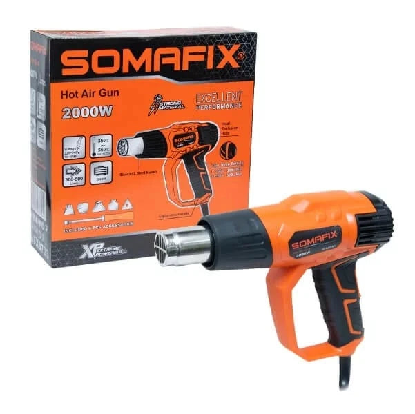 Hot Gun 2000W SFX8703 Somafix displayed alongside its packaging, showcasing the hot air gun's ergonomic design and features for efficient performance in various applications.