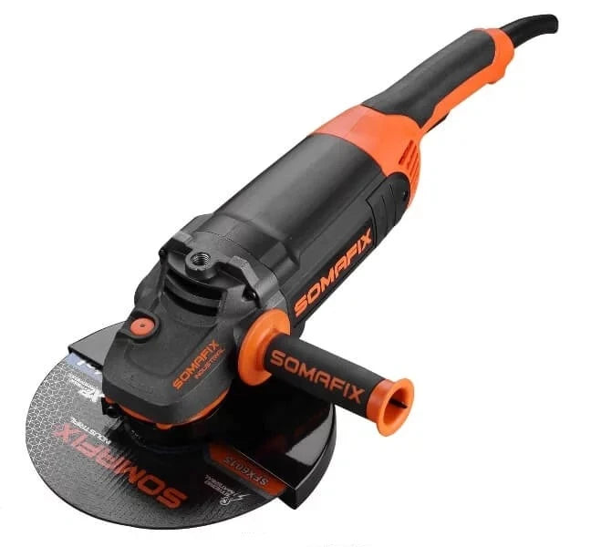 Grinder 9" 2600W Industrial SFX8597 Somafix showcasing an ergonomic design and powerful motor, ideal for metalworking and woodworking tasks.