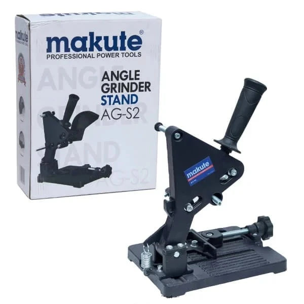 Makute Grinder Stand AG-S2 for 4" & 4.5" grinders, featuring a durable design and adjustable height for enhanced grinding performance, showcased with packaging.