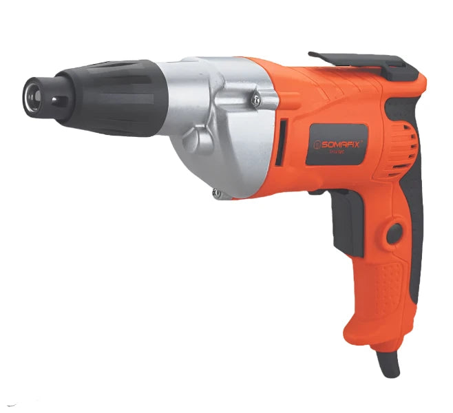 Drywall Screw Driver 500W SFIV500 by Somafix, featuring a robust orange and silver design, ergonomically designed for precision and ease of use in drywall installation and repairs.