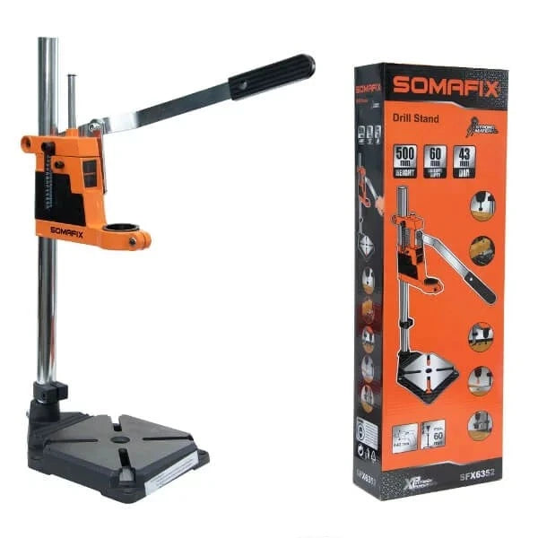 Somafix Drill Stand SFX6352 showcasing its adjustable height and sturdy base for precision drilling. Includes box packaging with product specifications and features for enhanced user experience.