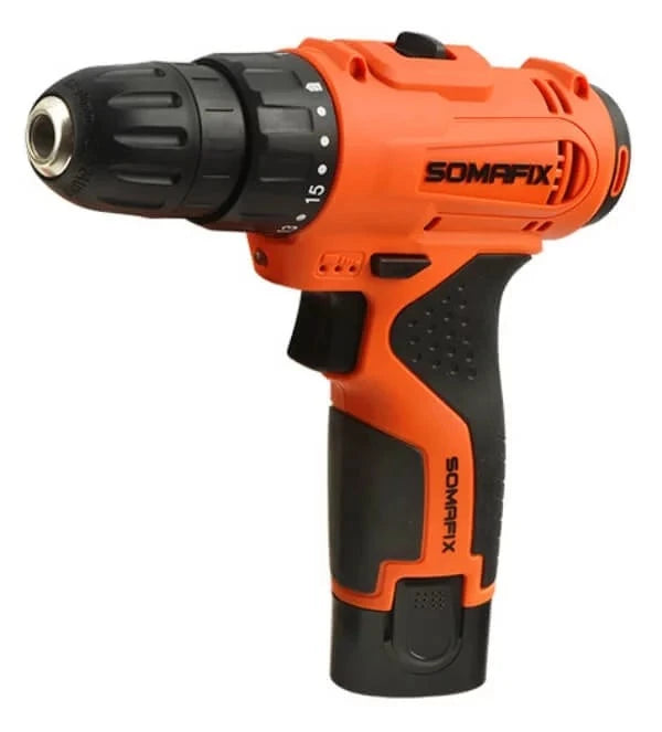 Cordless Drill 12V SFX8598 by Somafix showcasing its ergonomic design and adjustable torque settings, ideal for versatile drilling tasks in various materials.